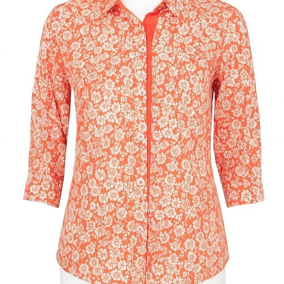 Alfred Dunner Tops - Alfred Dunner Orange White Floral Button Down Blouse Shirt Size 14 3/4 Sleeve